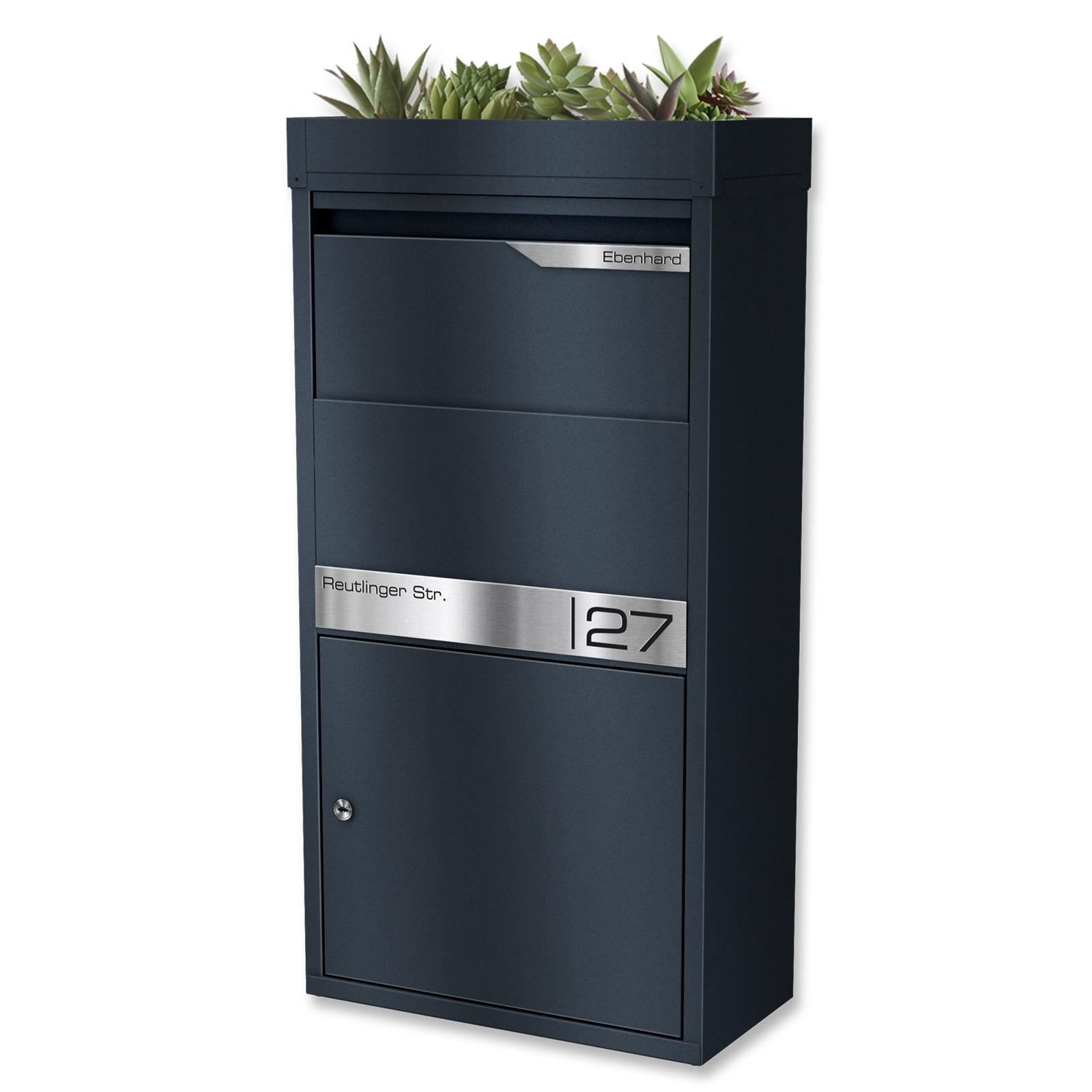 Metzler Paketbox mit Pflanzdach | Anthrazit RAL 7016 | personalisiert mit Gravur | Edelstahl-Namensschild | rostfrei & massiv | Avalon 2
