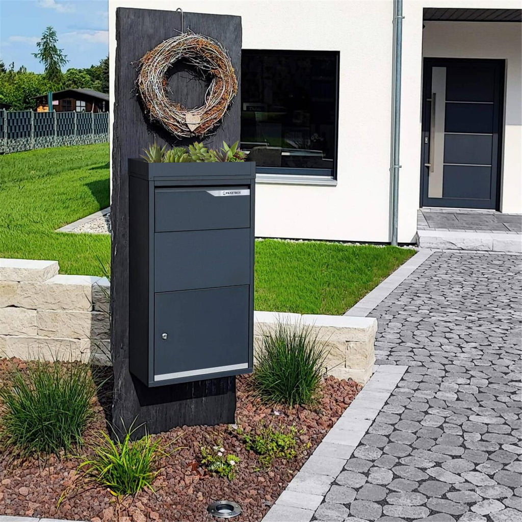 Metzler Paketbox mit Pflanzdach | Anthrazit RAL 7016 | für Pakete bis zur Größe S | rostfrei | Avalon 3