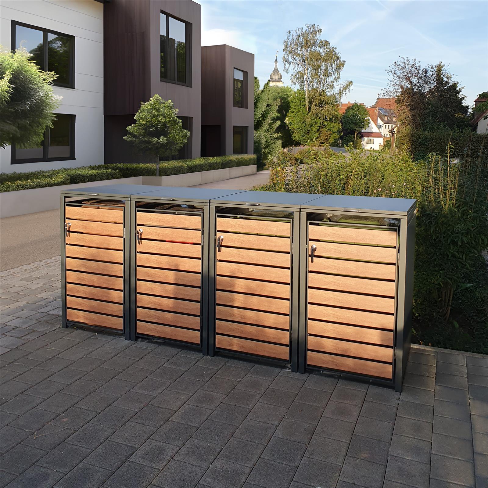 Metzler Mülltonnenbox | 4er | 240l | in Holzoptik | Anthrazit RAL 7016 | aus Stahl | rostfrei & massiv | Türgriff mit Schloss