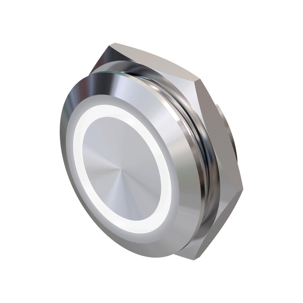 Metzler - Drucktaster 22mm - LED Ringbeleuchtung Weiß - IP67 IK10 - Edelstahl - Flach -  Kabelanschluss