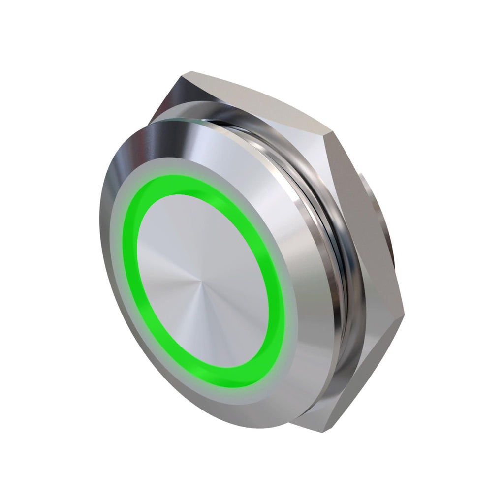 Metzler - Drucktaster 22mm - LED Ringbeleuchtung Grün - IP67 IK10 - Edelstahl - Flach -  Kabelanschluss