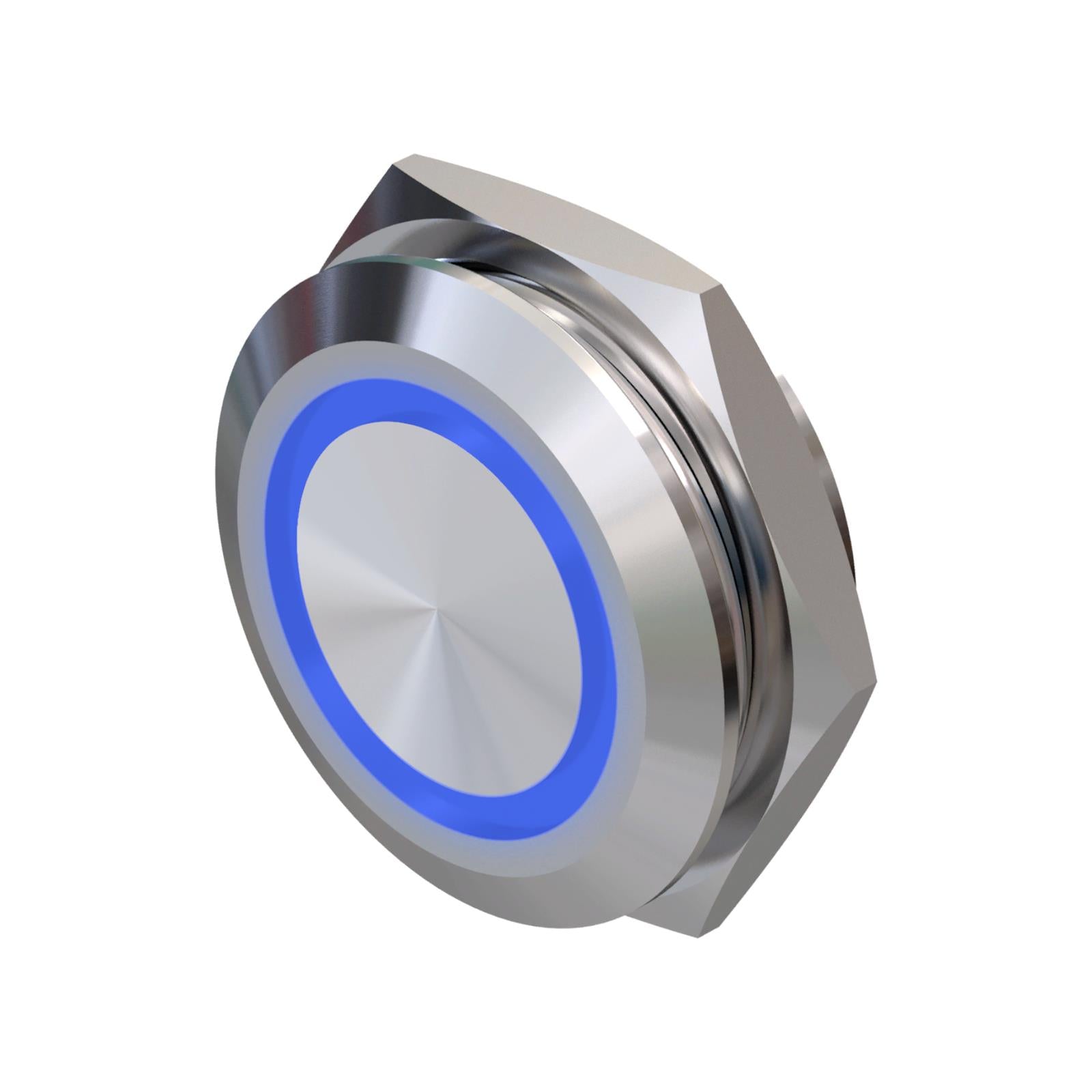 Metzler - Drucktaster 22mm - LED Ringbeleuchtung Blau - IP67 IK10 - Edelstahl - Flach -  Kabelanschluss