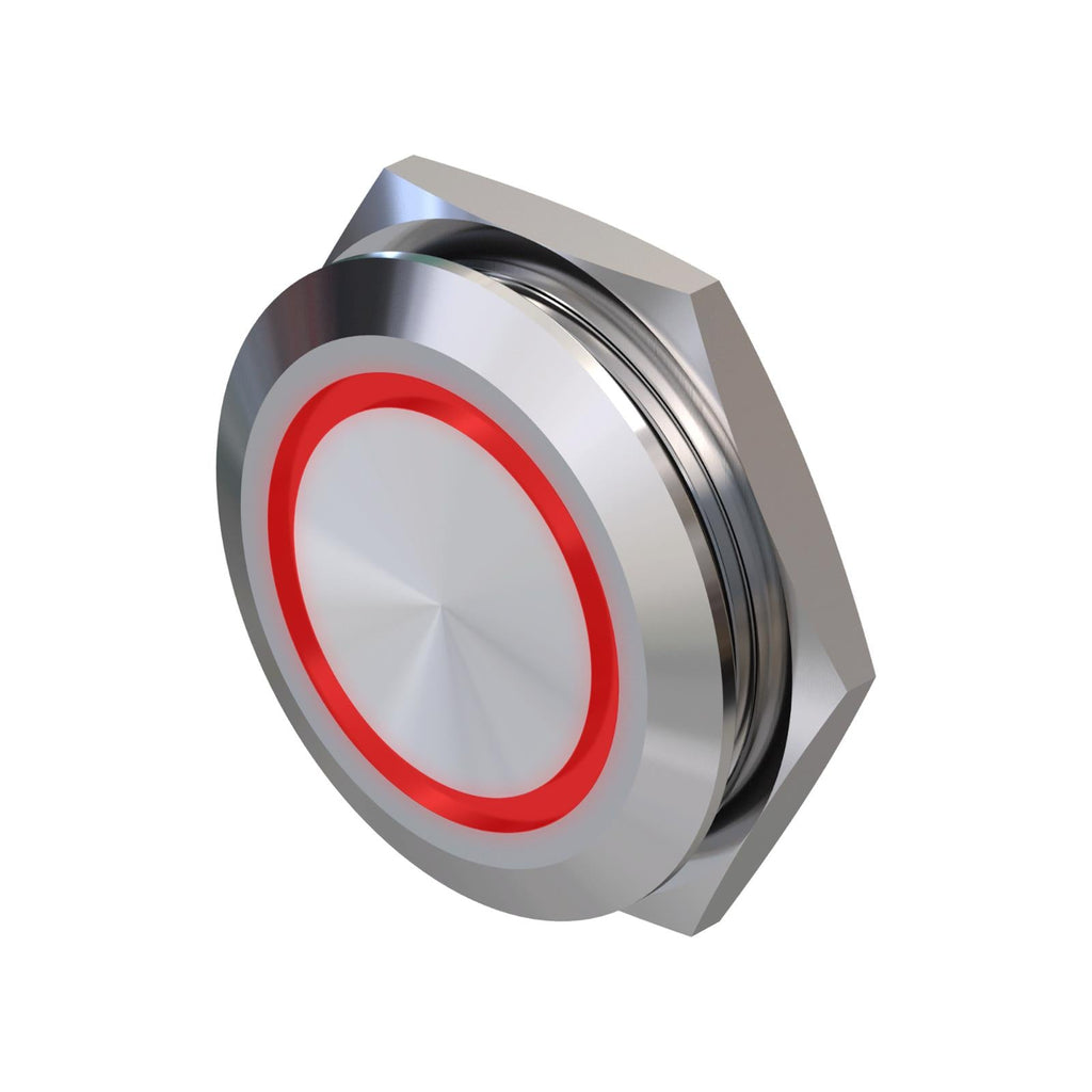 Metzler - Drucktaster 25mm - LED Ringbeleuchtung Rot - IP67 IK10 - Edelstahl - Flach -  Kabelanschluss
