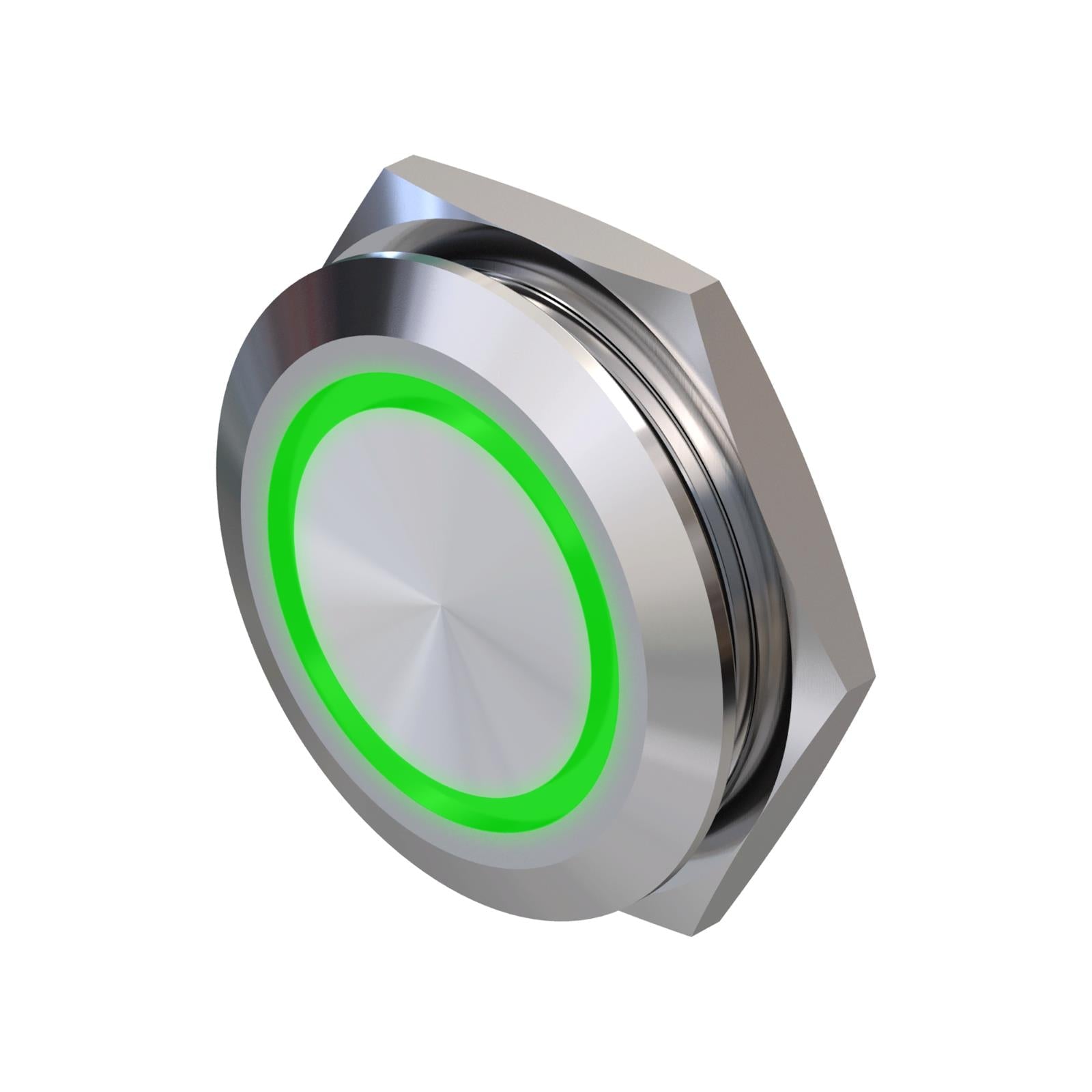 Metzler - Drucktaster 25mm - LED Ringbeleuchtung Grün - IP67 IK10 - Edelstahl - Flach -  Kabelanschluss