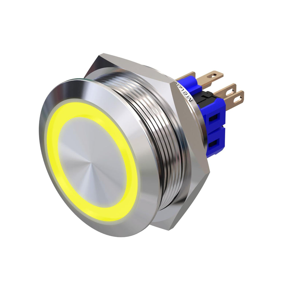 Metzler - Drucktaster 30mm - LED Ringbeleuchtung Gelb - IP67 IK10 - Edelstahl - Flach - Lötkontakte