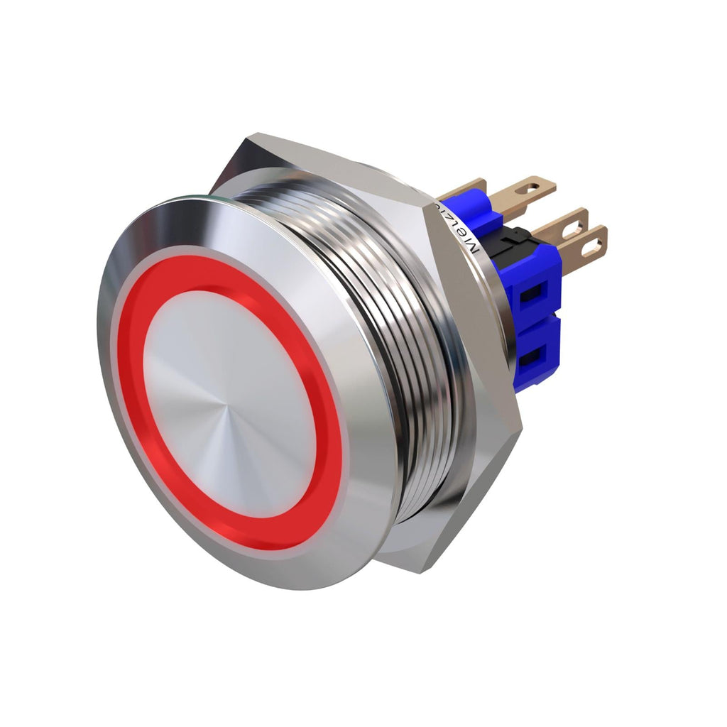 Metzler - Drucktaster 30mm - LED Ringbeleuchtung Rot - IP67 IK10 - Edelstahl - Flach - Lötkontakte