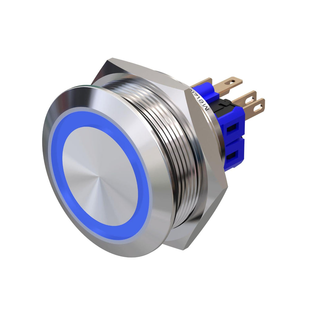 Metzler - Drucktaster 30mm - LED Ringbeleuchtung Blau - IP67 IK10 - Edelstahl - Flach - Lötkontakte