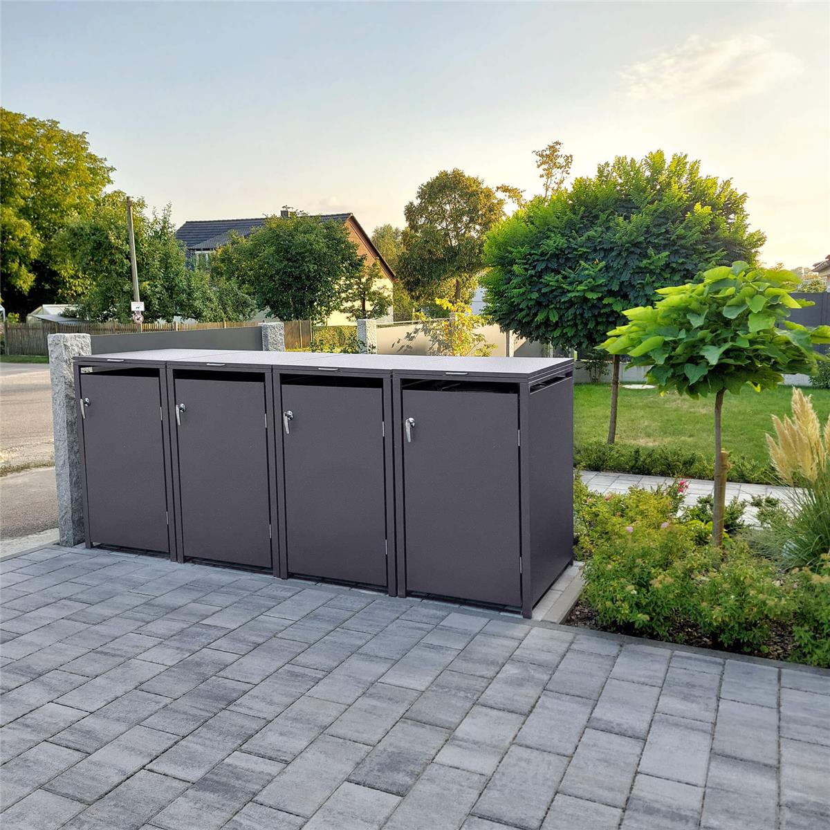 Metzler Mülltonnenbox | 4er | 240l | aus Stahl | rostfrei & massiv | Türgriff mit Schloss