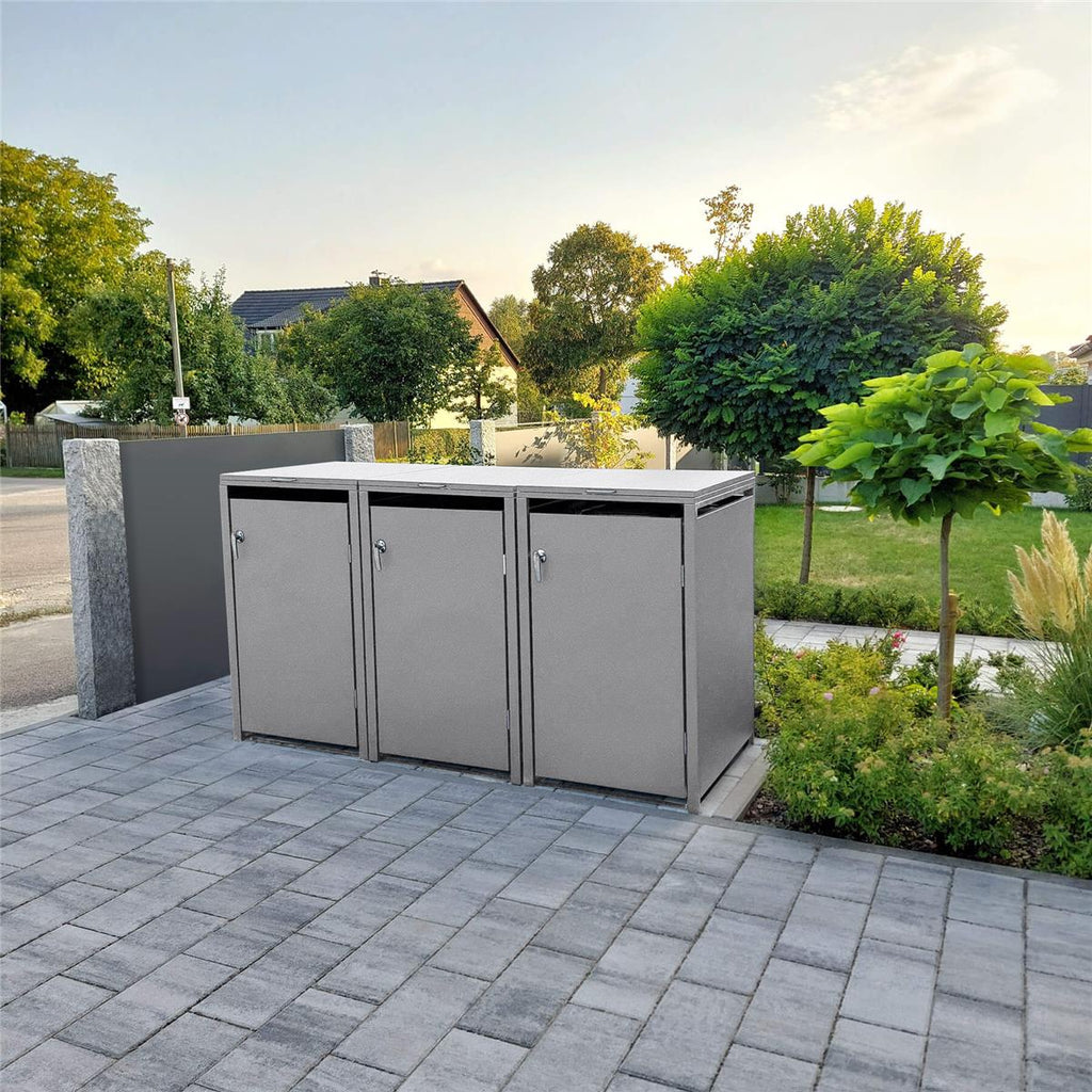 Metzler Mülltonnenbox | 3er | 240l | aus Stahl | rostfrei & massiv | Türgriff mit Schloss
