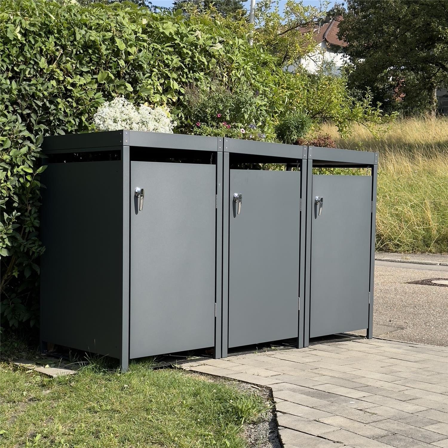 Metzler Mülltonnenbox mit Pflanzdach | 3er | 240l | Anthrazit RAL 7016 | aus Stahl | rostfrei & massiv | Türgriff mit Schloss
