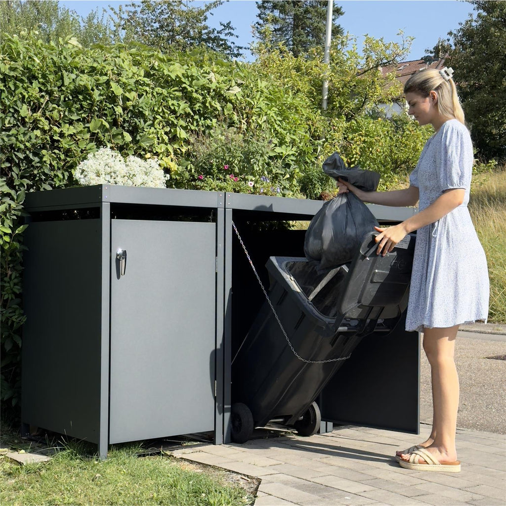 Metzler Mülltonnenbox mit Pflanzdach | 3er | 240l | Anthrazit RAL 7016 | aus Stahl | rostfrei & massiv | Türgriff mit Schloss