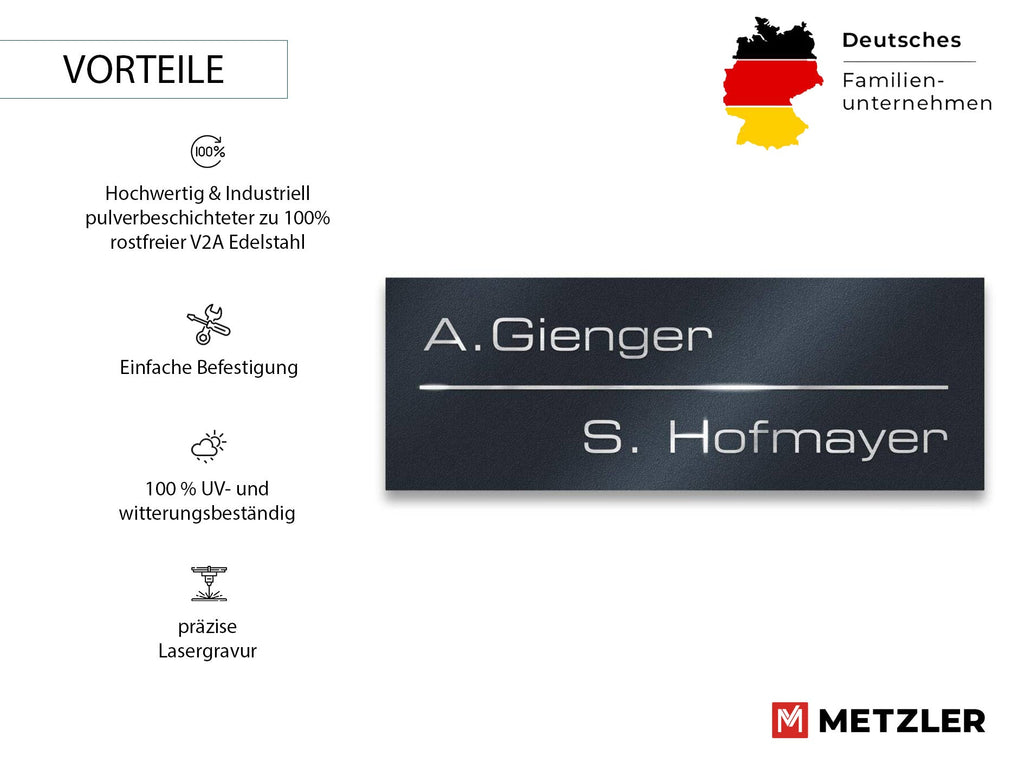 Metzler Namensschild Briefkastenschild aus Edelstahl | 8,5 x 3 cm
