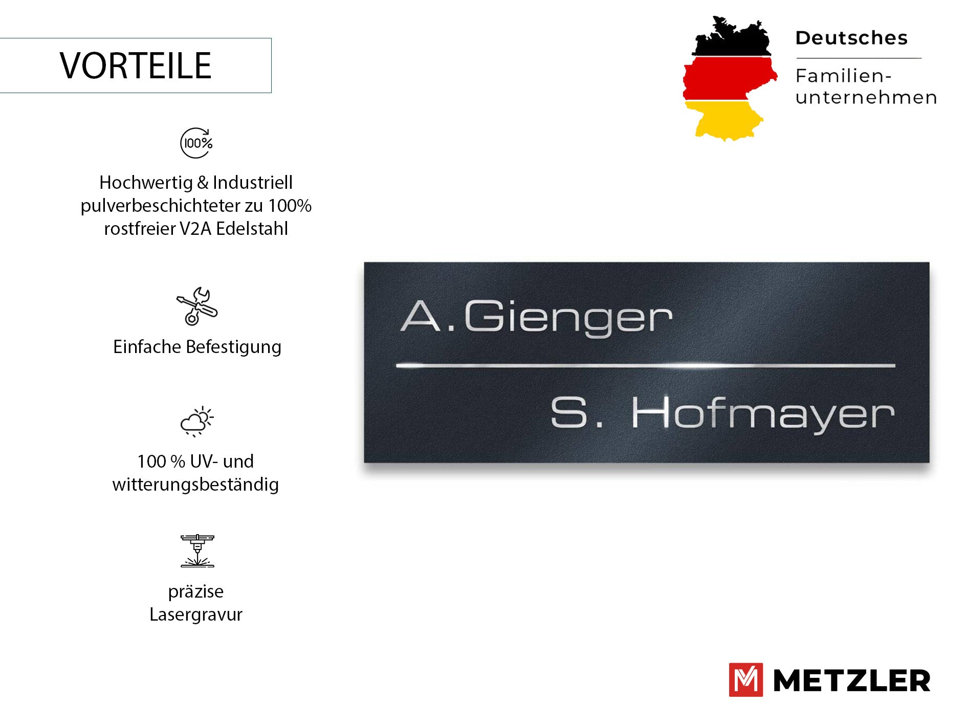 Metzler Namensschild Briefkastenschild aus Edelstahl | 8,5 x 3 cm
