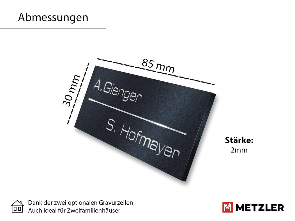 Metzler Namensschild Briefkastenschild aus Edelstahl | 8,5 x 3 cm