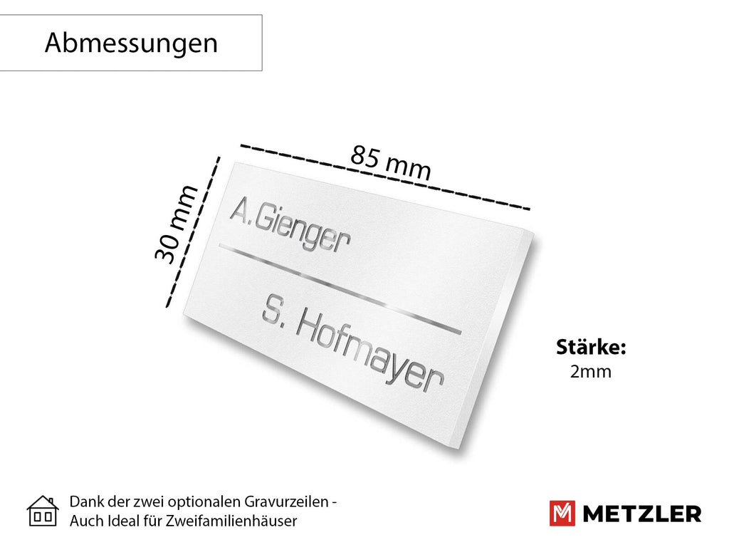 Metzler Namensschild Briefkastenschild aus Edelstahl | 8,5 x 3 cm
