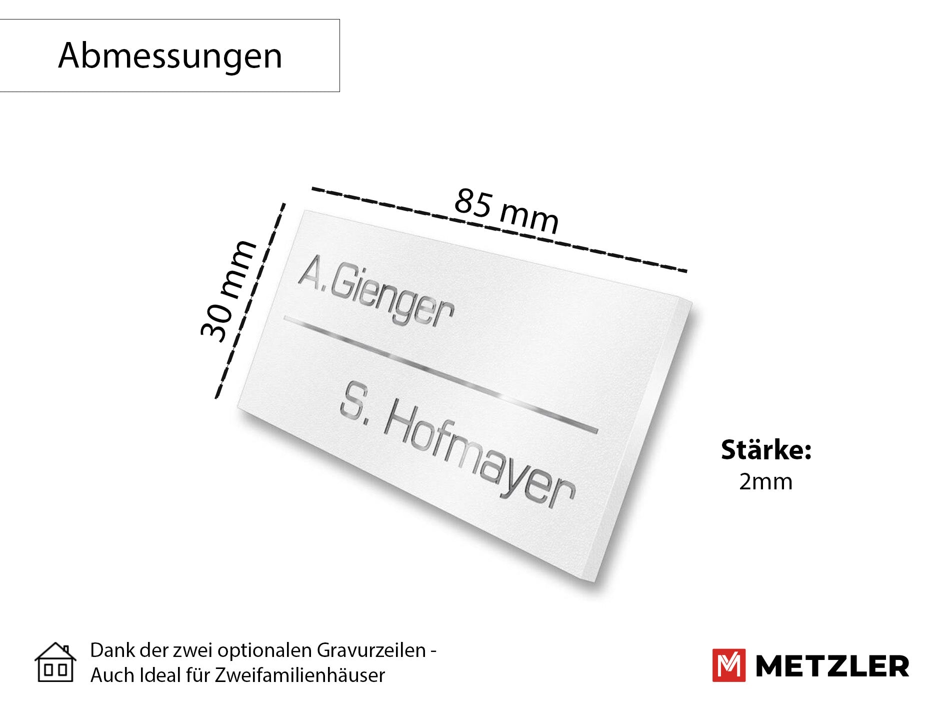 Metzler Namensschild Briefkastenschild aus Edelstahl | 8,5 x 3 cm