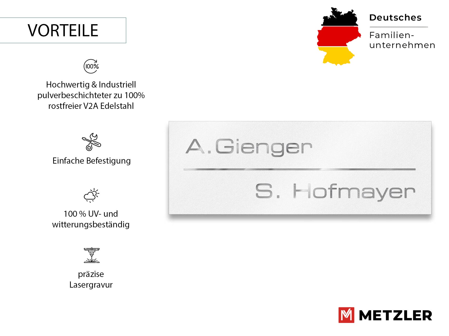 Metzler Namensschild Briefkastenschild aus Edelstahl | 8,5 x 3 cm