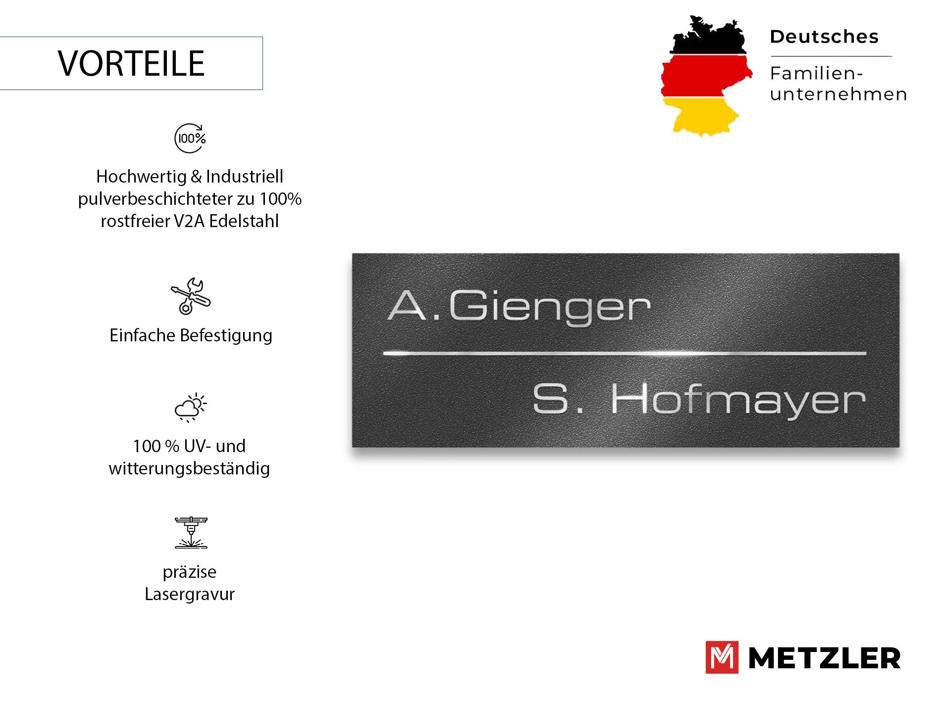Metzler Namensschild Briefkastenschild aus Edelstahl | 8,5 x 3 cm