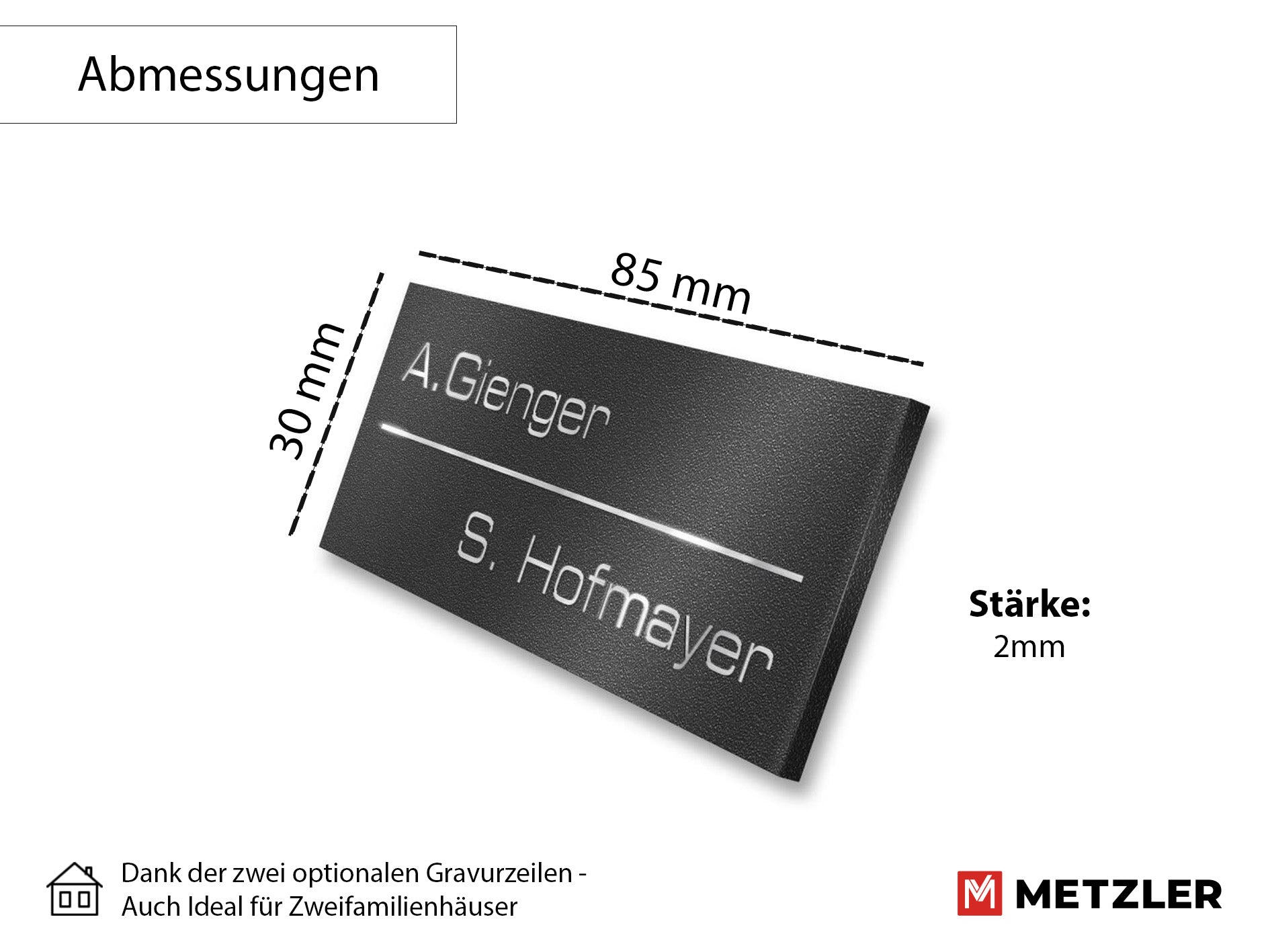 Metzler Namensschild Briefkastenschild aus Edelstahl | 8,5 x 3 cm