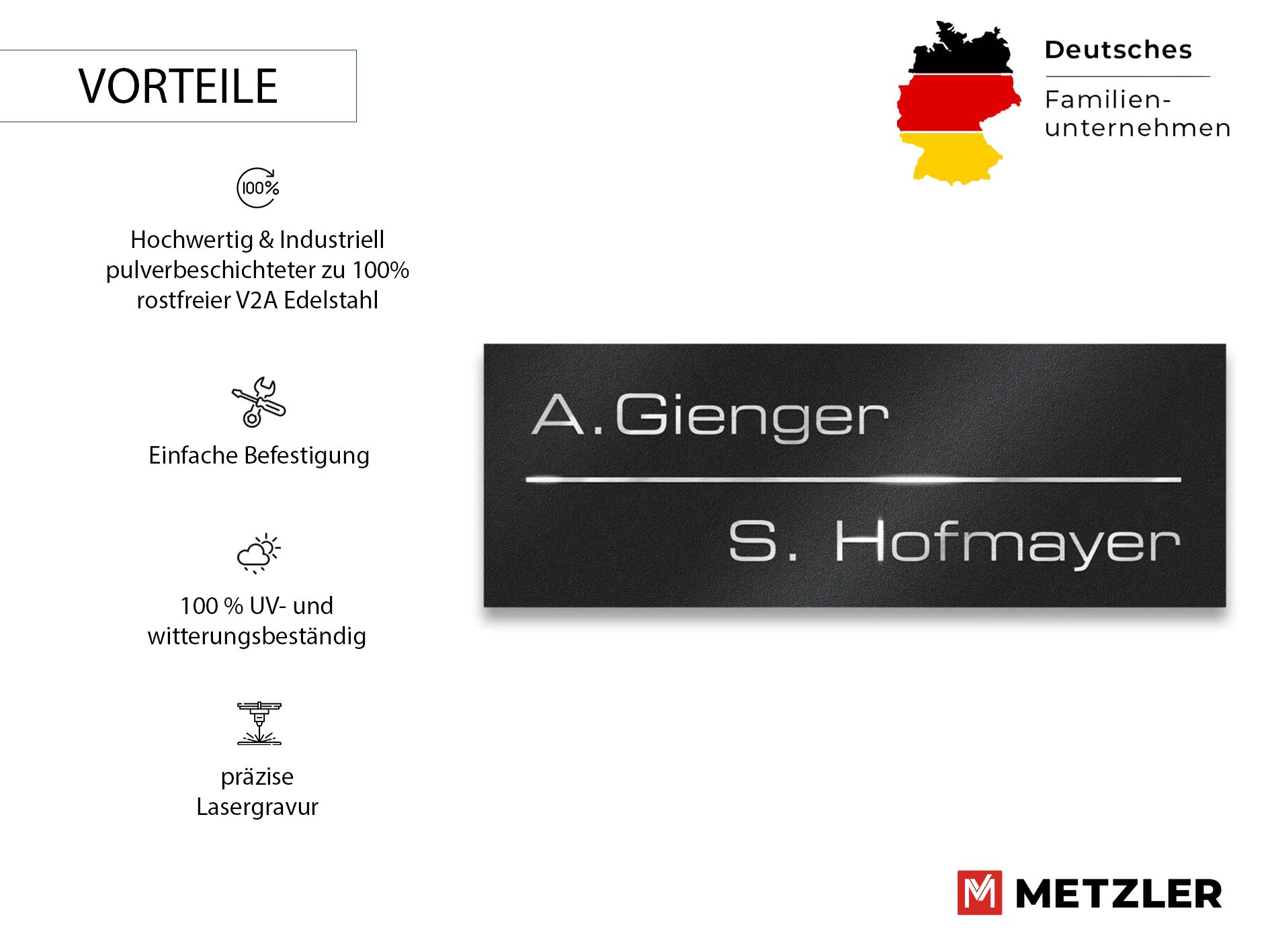 Metzler Namensschild Briefkastenschild aus Edelstahl | 8,5 x 3 cm