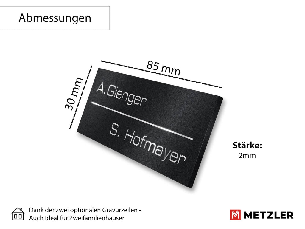 Metzler Namensschild Briefkastenschild aus Edelstahl | 8,5 x 3 cm