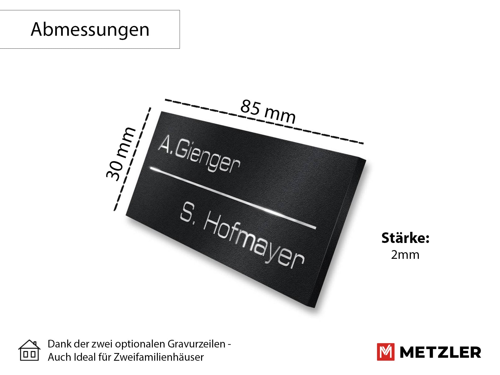 Metzler Namensschild Briefkastenschild aus Edelstahl | 8,5 x 3 cm