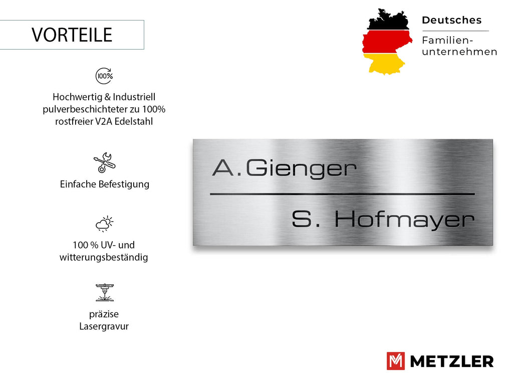 Metzler Namensschild Briefkastenschild aus Edelstahl | 8,5 x 3 cm