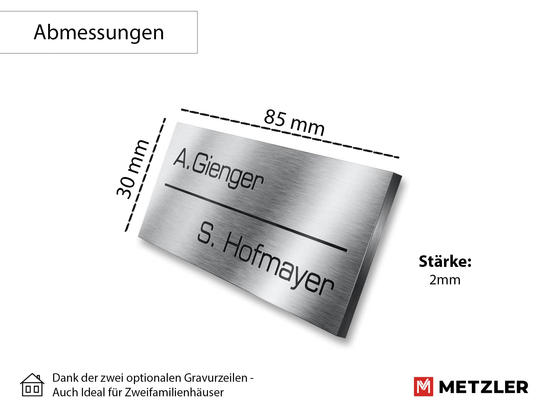 Metzler Namensschild Briefkastenschild aus Edelstahl | 8,5 x 3 cm
