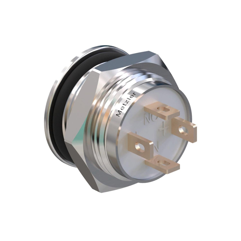 Metzler - Drucktaster 12mm - LED Ringbeleuchtung Grün - IP67 IK10 - Edelstahl - Flach - Lötkontakte