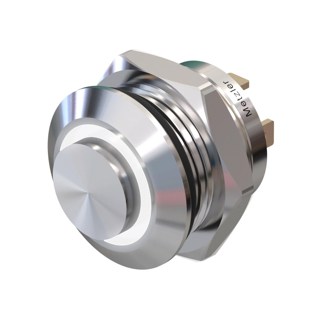 Metzler - Drucktaster 12mm - LED Ringbeleuchtung Weiß - IP67 IK10 - Edelstahl - Hervorstehend - Lötkontakte