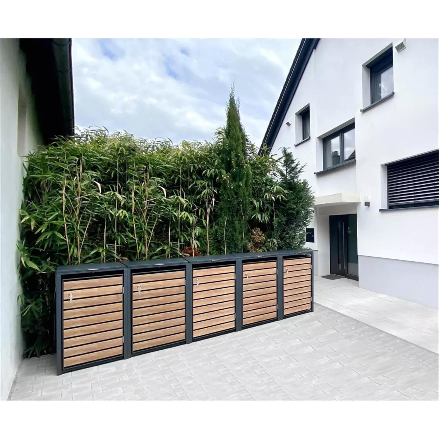 Metzler Mülltonnenbox | 5er | 240l | in Holzoptik | Anthrazit RAL 7016 | aus Stahl | rostfrei & massiv | Türgriff mit Schloss