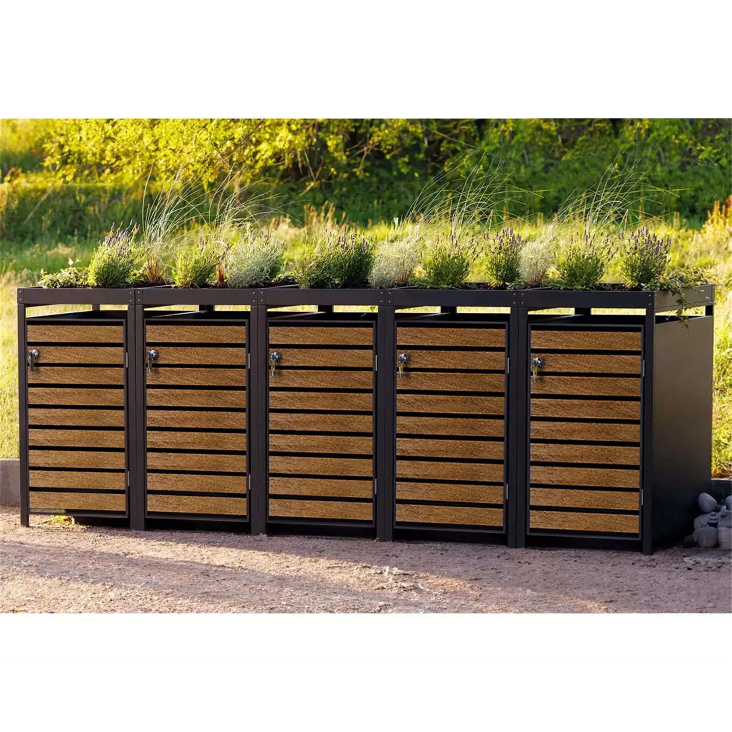 Metzler Mülltonnenbox mit Pflanzdach | 5er | 240l | in Holzoptik | Anthrazit RAL 7016 | aus Stahl | rostfrei & massiv | Türgriff mit Schloss