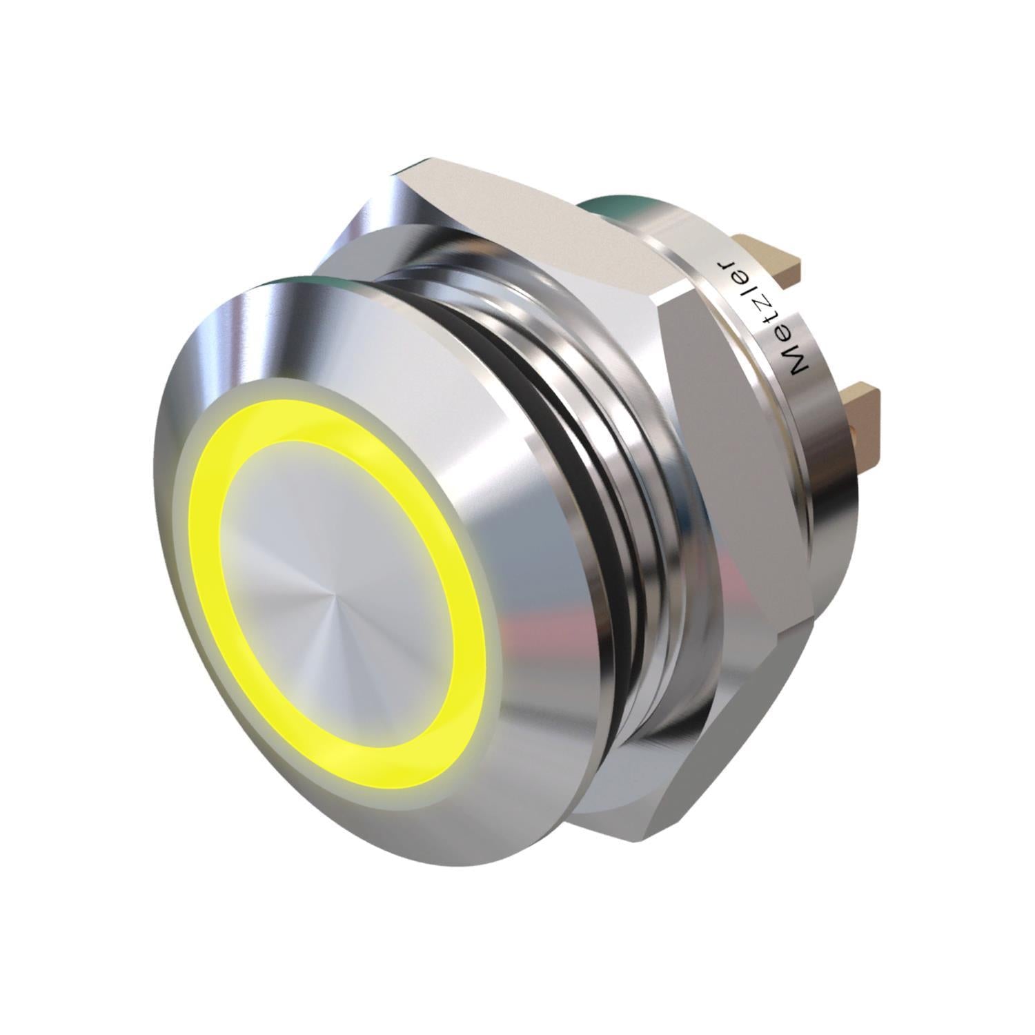 Metzler - Drucktaster 12mm - LED Ringbeleuchtung Gelb - IP67 IK10 - Edelstahl - Flach - Lötkontakte