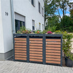 Metzler Mülltonnenbox mit Pflanzdach | 3er | 240l | in Holzoptik | Anthrazit RAL 7016 | aus Stahl | rostfrei & massiv | Türgriff mit Schloss