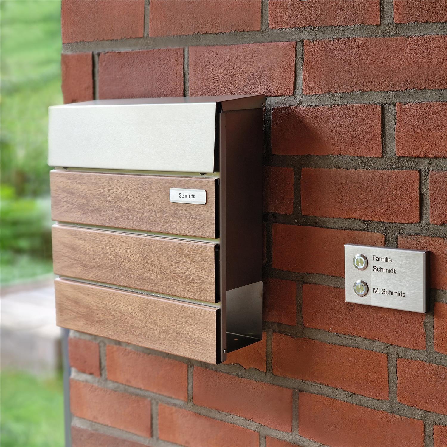 Metzler Briefkasten Holzoptik Eiche mit Edelstahl Namensschild | Anton