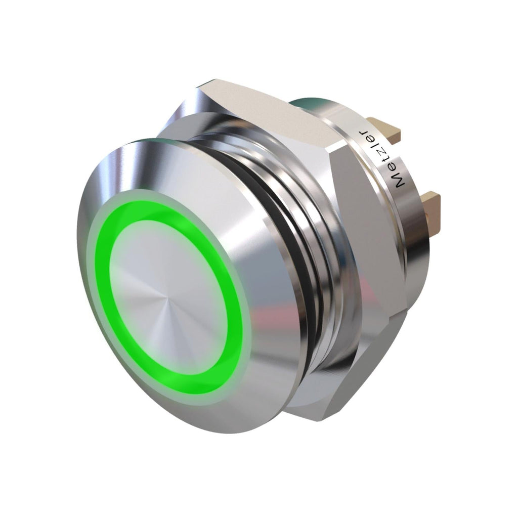 Metzler - Drucktaster 12mm - LED Ringbeleuchtung Grün - IP67 IK10 - Edelstahl - Flach - Lötkontakte