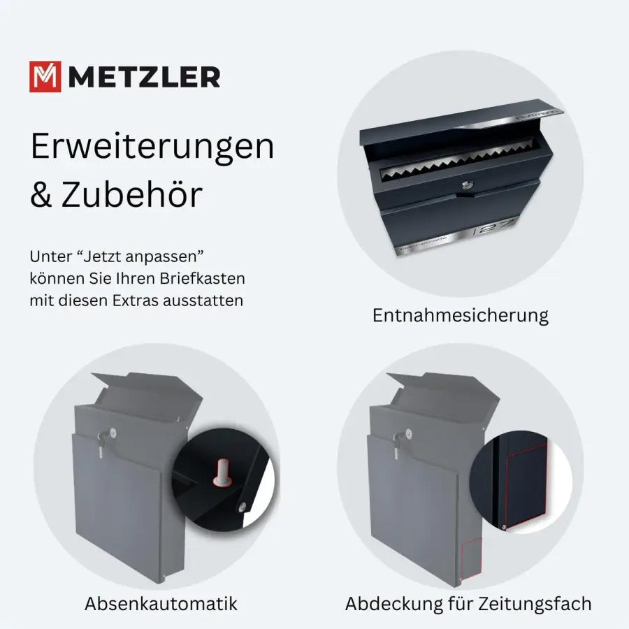 Metzler Briefkasten mit zwei Edelstahl-Namensschildern | personalisiert mit Gravur | Albrecht