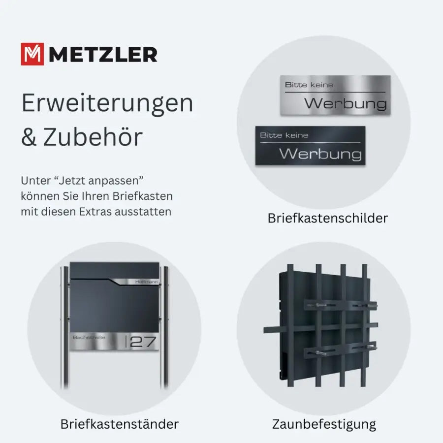 Metzler Briefkasten mit zwei Edelstahl-Namensschildern | personalisiert mit Gravur | Albrecht