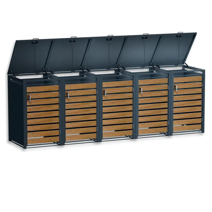 Metzler Mülltonnenbox | 5er | 240l | in Holzoptik | Anthrazit RAL 7016 | aus Stahl | rostfrei & massiv | Türgriff mit Schloss