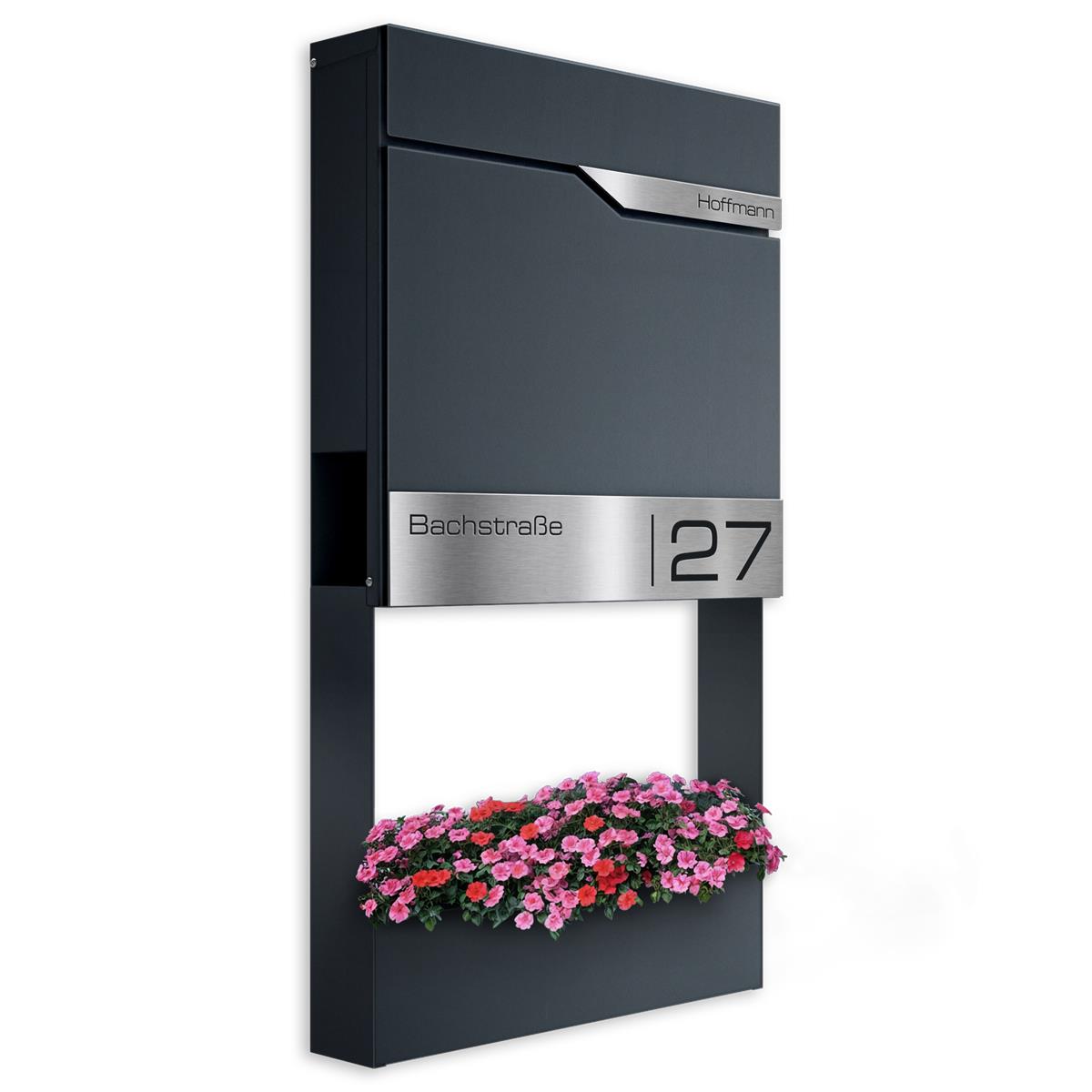 Metzler Briefkasten mit Blumenkasten | personalisiert mit Gravur | Edelstahl-Namensschild | Siebert Frame J