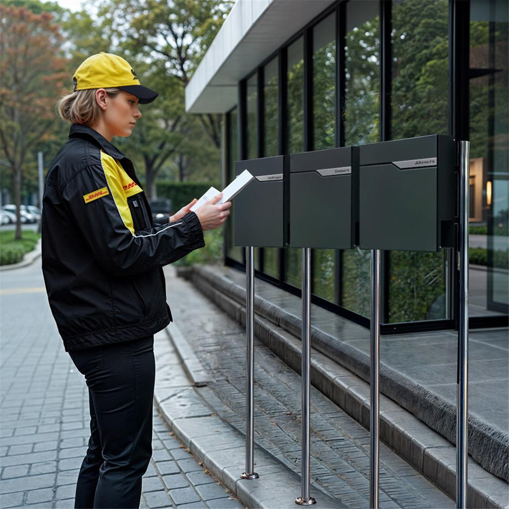 Metzler Standbriefkasten Mehrfamilienhaus in RAL 7016 Anthrazit | 3er | personalisiert mit Gravur