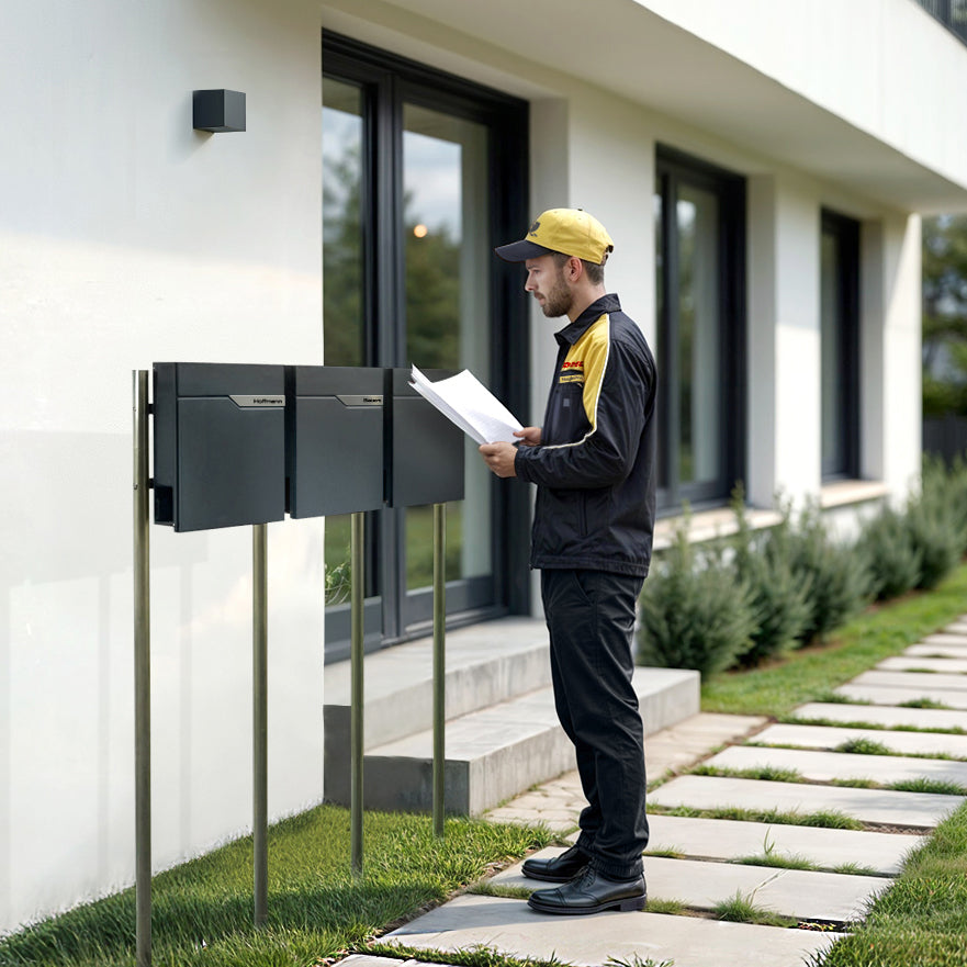 Metzler Standbriefkasten Mehrfamilienhaus in RAL 7016 Anthrazit | 3er | personalisiert mit Gravur