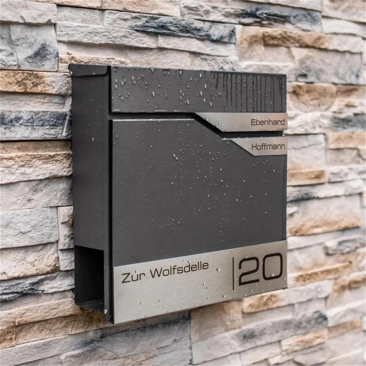 Metzler Briefkasten mit zwei Edelstahl-Namensschildern | personalisiert mit Gravur | Albrecht