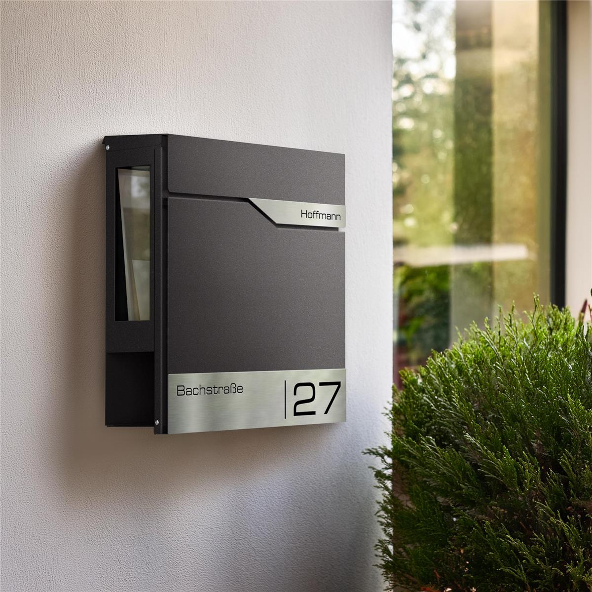 Metzler Briefkasten mit Sichtfenster | Personalisiert mit Gravur | Edelstahl-Namensschild | Siebert SF
