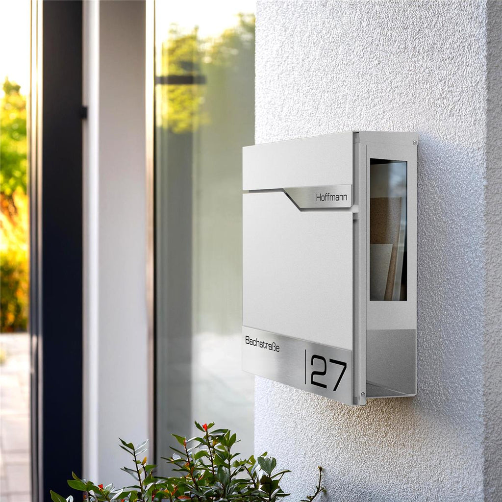 Metzler Briefkasten mit Sichtfenster | Personalisiert mit Gravur | Edelstahl-Namensschild | Siebert SF