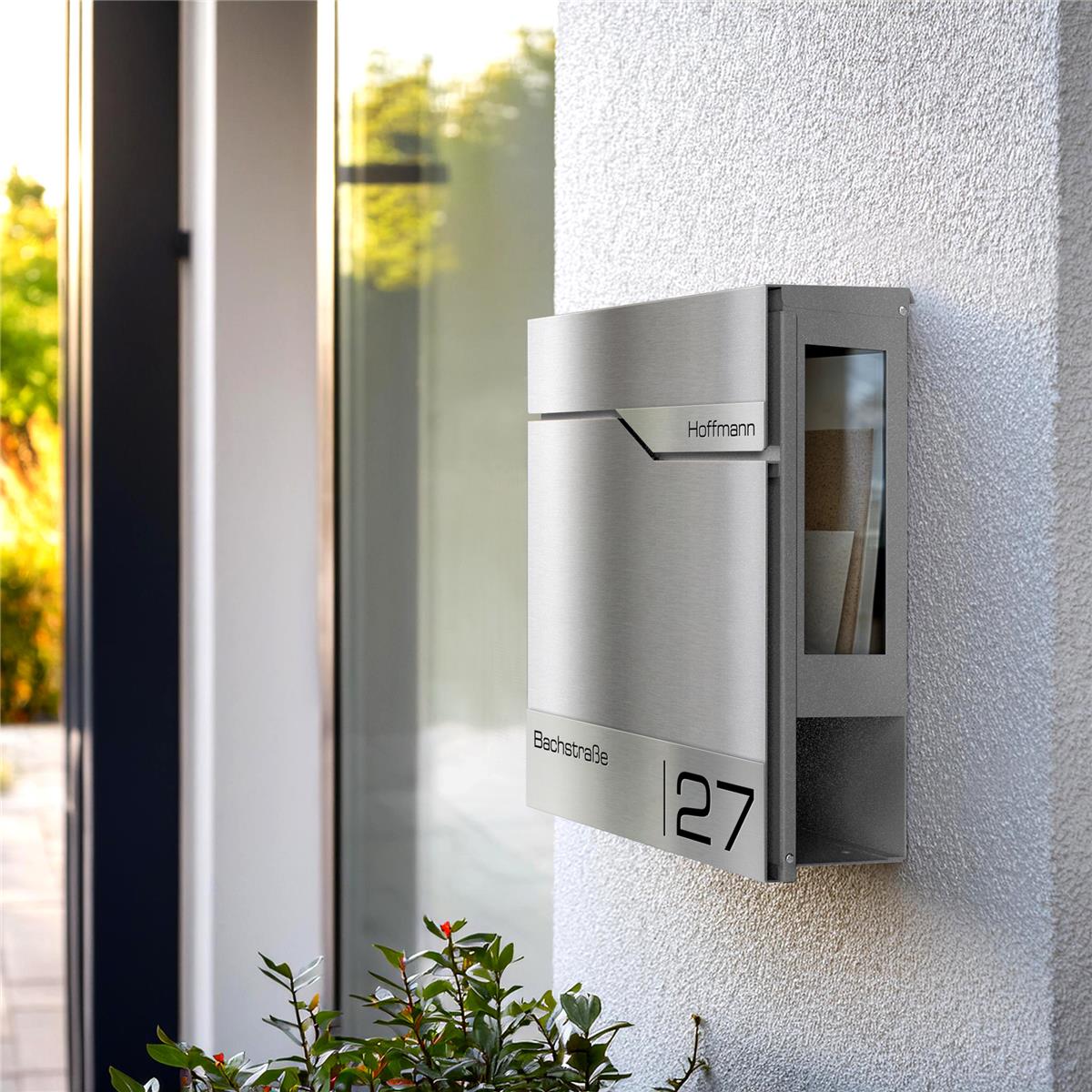 Metzler Briefkasten mit Sichtfenster | Personalisiert mit Gravur | Edelstahl-Namensschild | Siebert SF