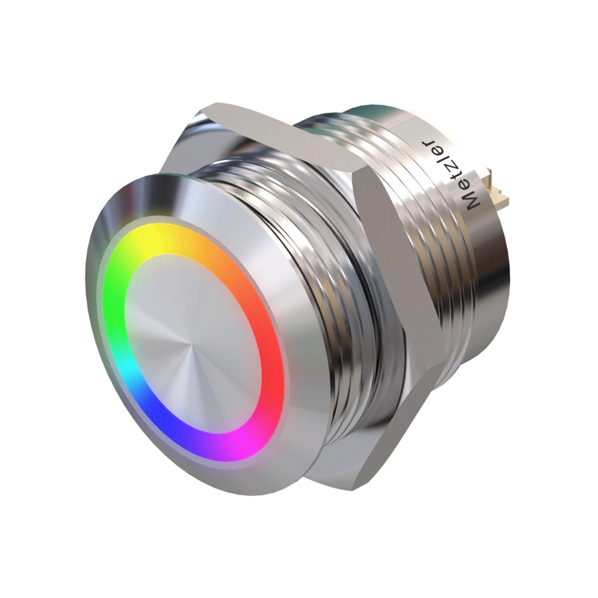 Metzler - Drucktaster 19mm - LED Ringbeleuchtung RGB-Farbwahl per Schalter - IP67 IK10 - Edelstahl - Flach - Kabelanschluss