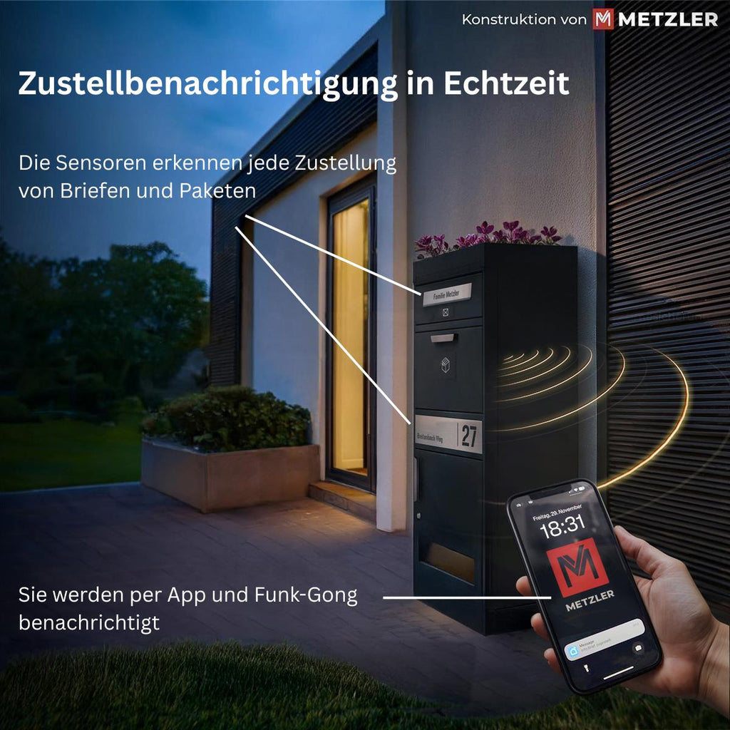 Metzler Zustellbenachrichtigung per App und Funk-Gong – passend zur Modellreihe Bispo mit drei Brieffächern