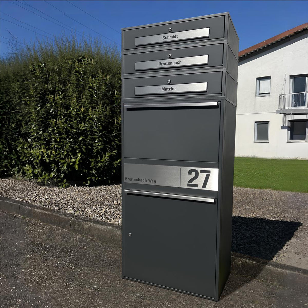 Metzler Paketbox XL mit 3 Briefkästen | Paketkasten rostfrei | personalisiert mit Gravur | Bispo Max 2