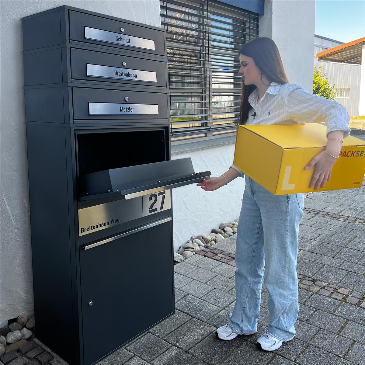 Metzler Paketbox XL mit 3 Briefkästen | Paketkasten rostfrei | personalisiert mit Gravur | Bispo Max 2